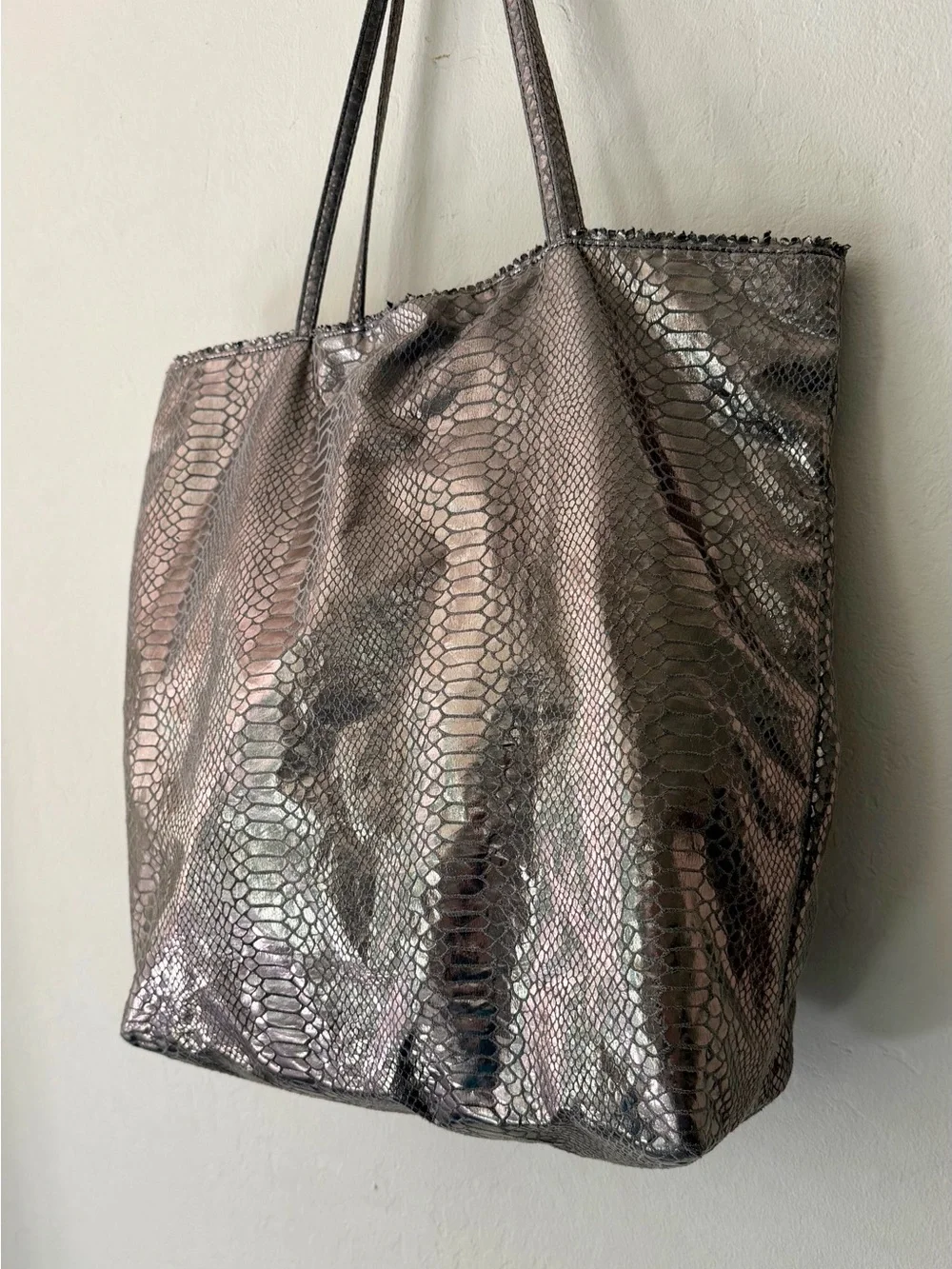 Carlos Falchi Metallic Snakeskin Tote Bag Silver Gunmetal Hobo Shopper EUC